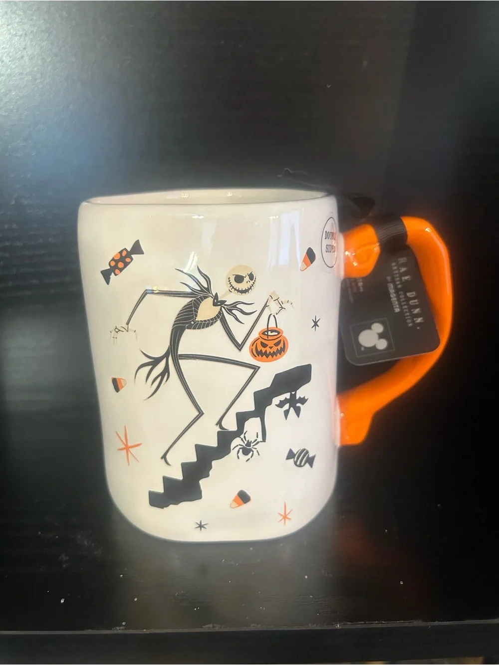 Rae Dunn White Ceramic Halloween Mug with Orange Handle